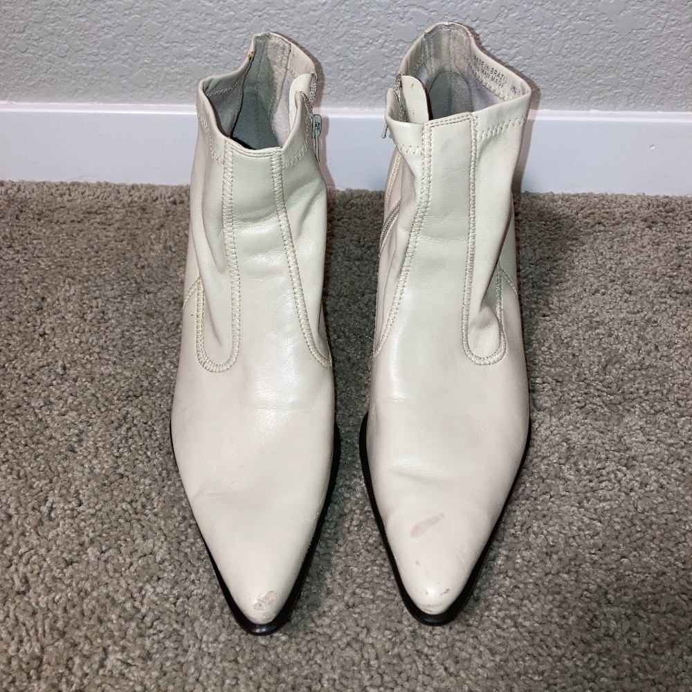 White Franco Sarto leather heeled bootie with pointed toe
